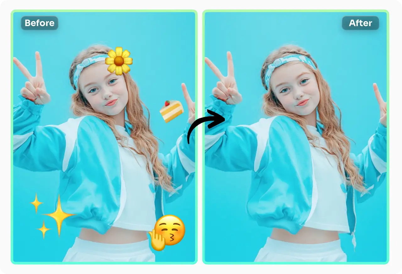 Blue portrait before and after removing decorative emojis